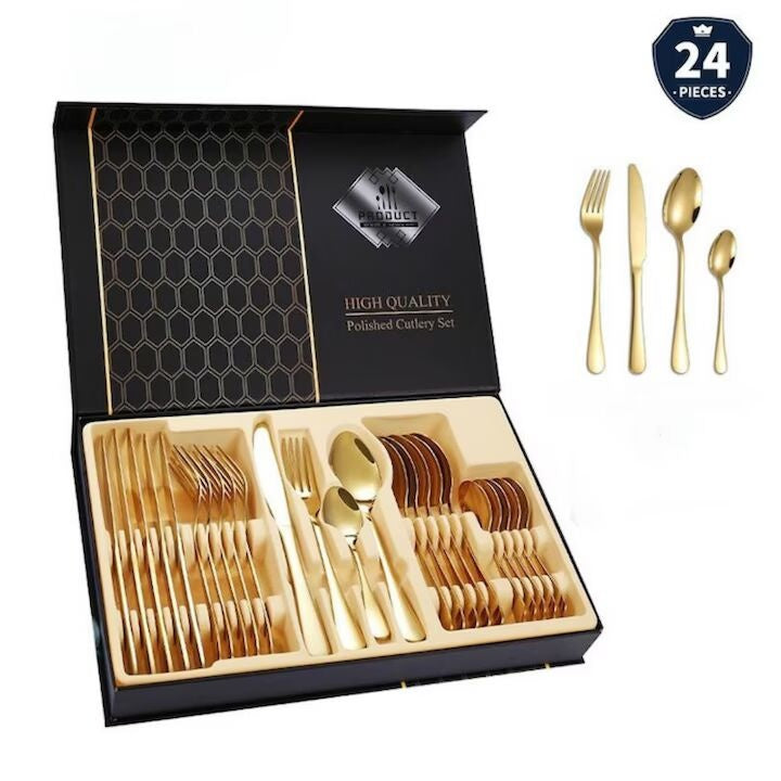 Set tacâmuri 24 piese, oțel inoxidabil, finisaj auriu, 6 cuțite, 6 linguri, 6 furculițe, 6 lingurite