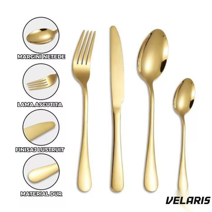 Set tacâmuri 24 piese, oțel inoxidabil, finisaj auriu, 6 cuțite, 6 linguri, 6 furculițe, 6 lingurite