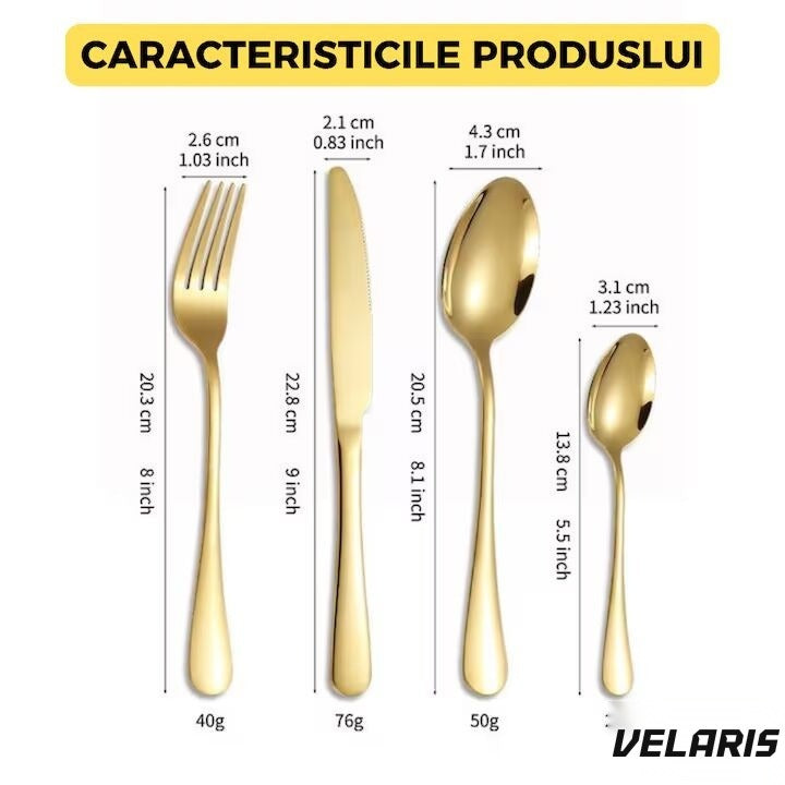 Set tacâmuri 24 piese, oțel inoxidabil, finisaj auriu, 6 cuțite, 6 linguri, 6 furculițe, 6 lingurite