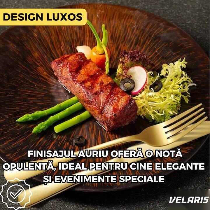 Set tacâmuri 24 piese, oțel inoxidabil, finisaj auriu, 6 cuțite, 6 linguri, 6 furculițe, 6 lingurite