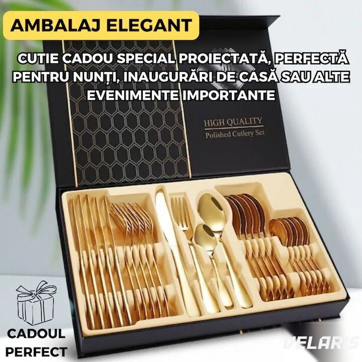 Set tacâmuri 24 piese, oțel inoxidabil, finisaj auriu, 6 cuțite, 6 linguri, 6 furculițe, 6 lingurite