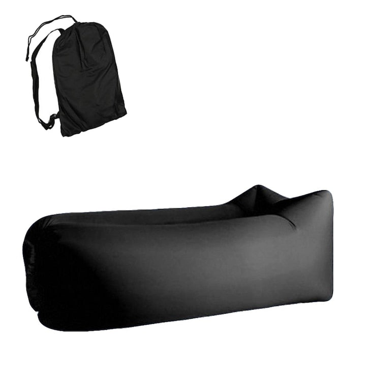 Saltea gonflabila tip sezlong Lazybag, material rezistent, umflare fara pompa, pentru plaja/picnic/camping, rucsac de depozitare, 190 x 70 cm,Negru