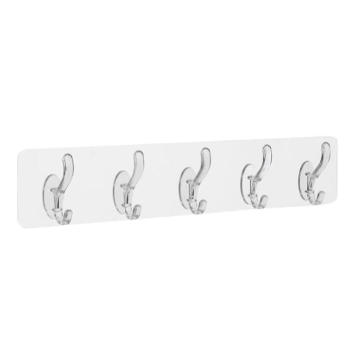 Suport autoadeziv baie sau bucatarie, transparent, plastic rezistent, 5 carlige multifunctionale, 35 x 7 cm