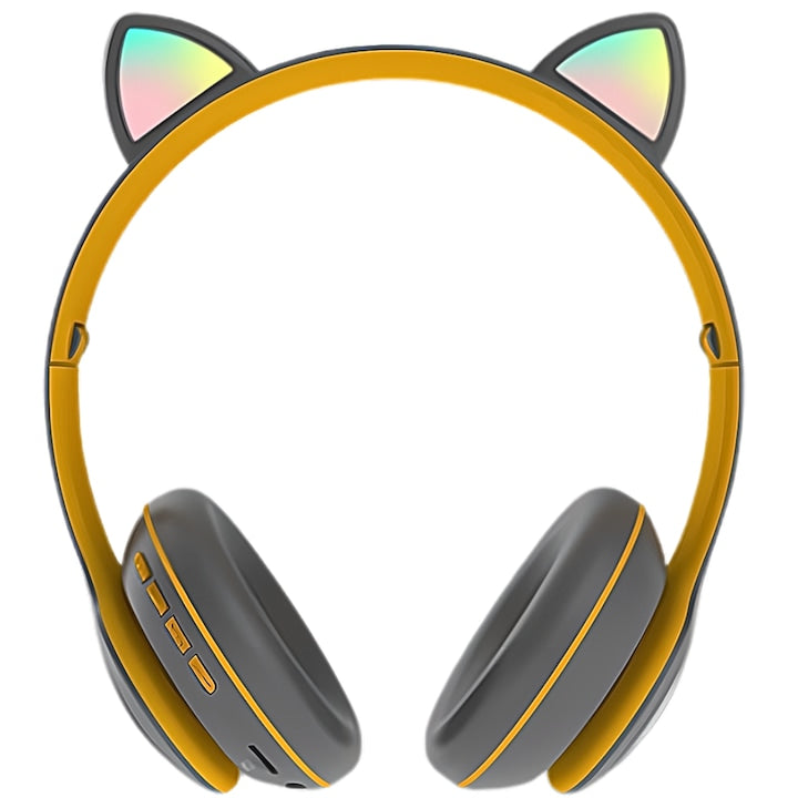 Casti Wireless Pliabile cu Urechi de Pisica, Bluetooth 5.0, HiFi, Bass Stereo, LED, Gri