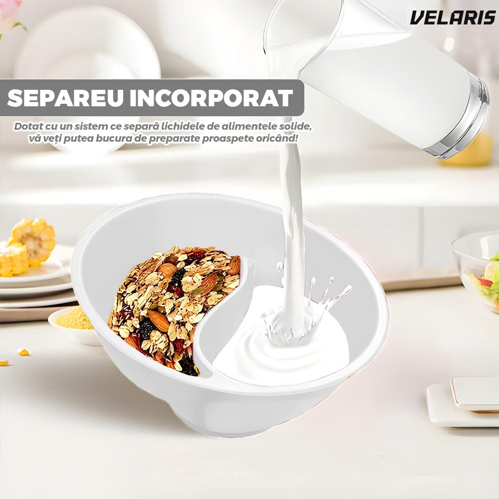 Bol pentru cereale 3 în 1, separator integrat, mâner ergonomic, 18.5 x 10 cm, alb