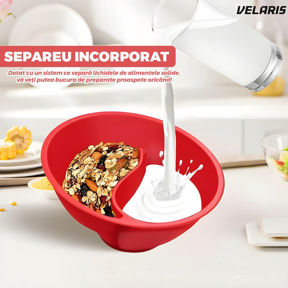 Bol pentru cereale 3 în 1, separator integrat, mâner ergonomic, 18.5 x 10 cm, roșu