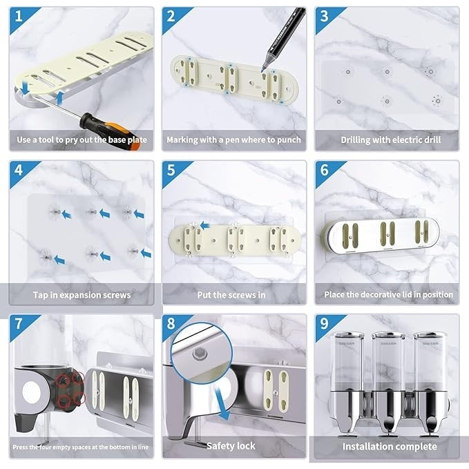 Dispenser 3 în 1 pentru săpun, șampon și balsam, montaj pe perete, transparent, 3x500ml