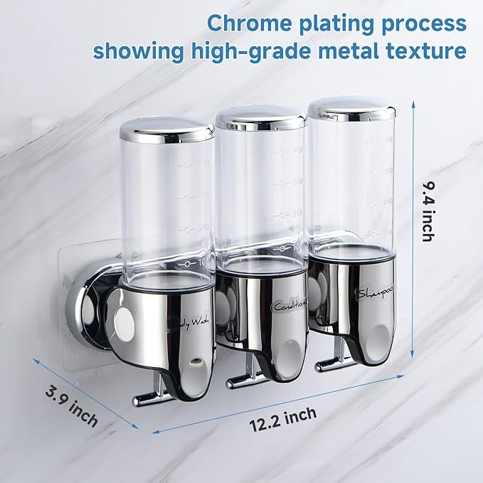 Dispenser 3 în 1 pentru săpun, șampon și balsam, montaj pe perete, transparent, 3x500ml
