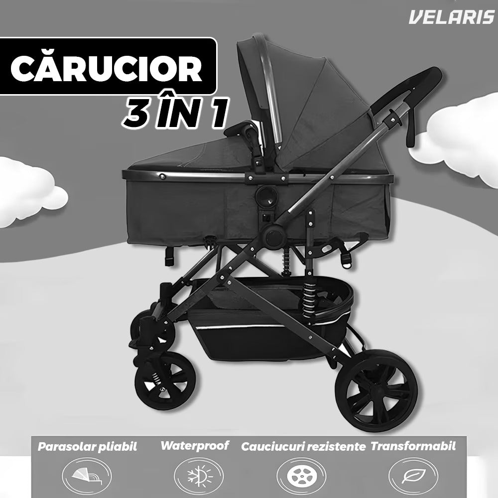 Cărucior 3 în 1 transformabil, sport și clasic, pliabil, negru