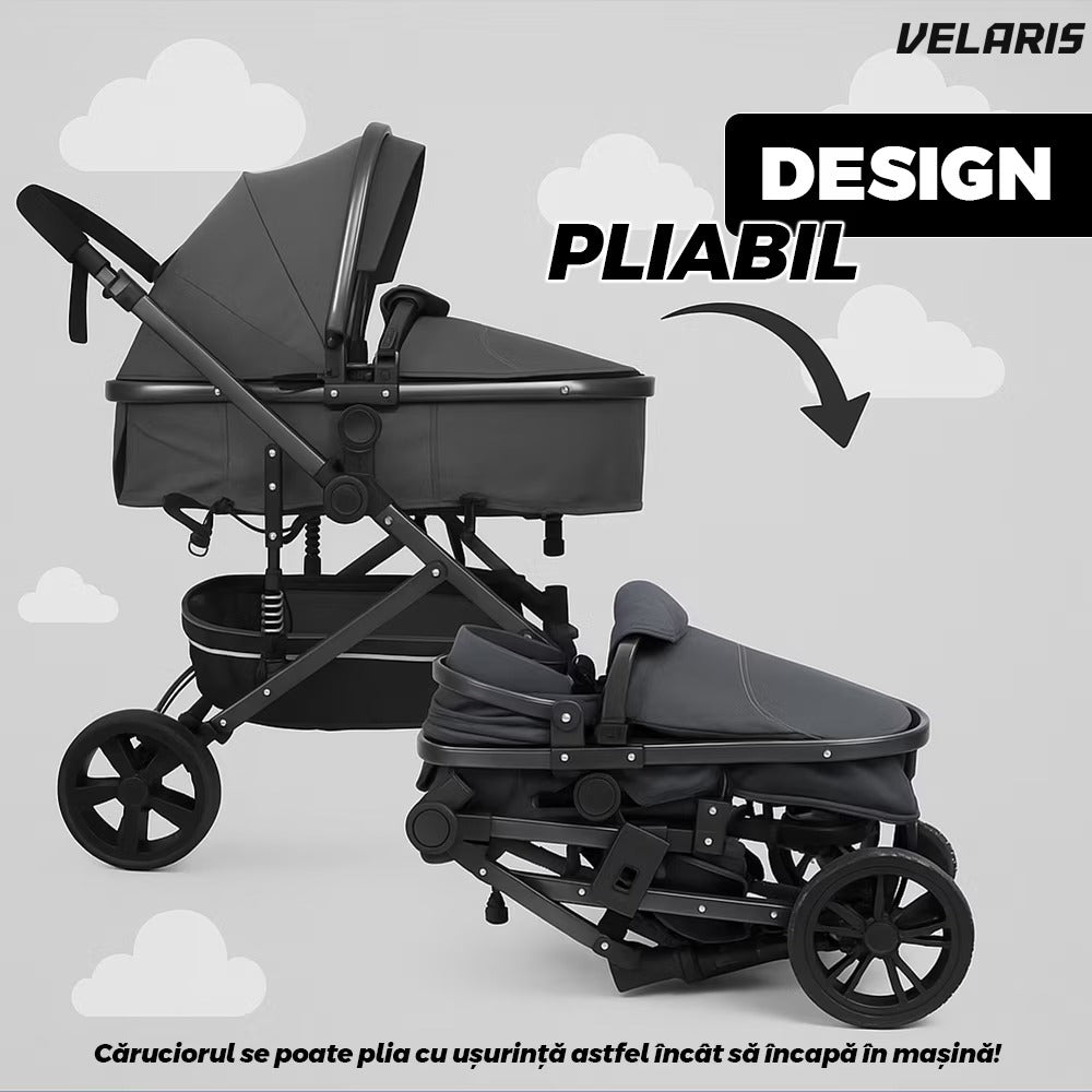 Cărucior 3 în 1 transformabil, sport și clasic, pliabil, negru