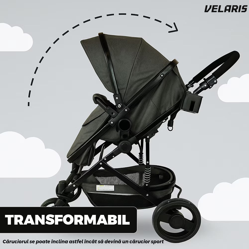 Cărucior 3 în 1 transformabil, sport și clasic, pliabil, negru