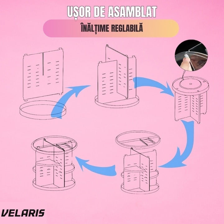 Organizator cosmetice rotativ 360°, 9 compartimente, design reglabil, asamblare rapidă