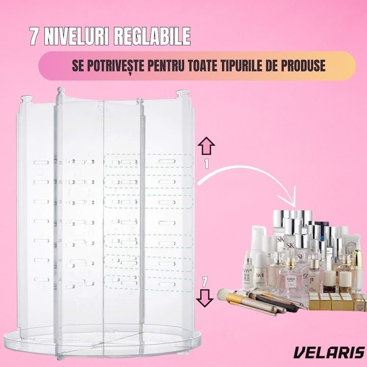 Organizator cosmetice rotativ 360°, 9 compartimente, design reglabil, asamblare rapidă