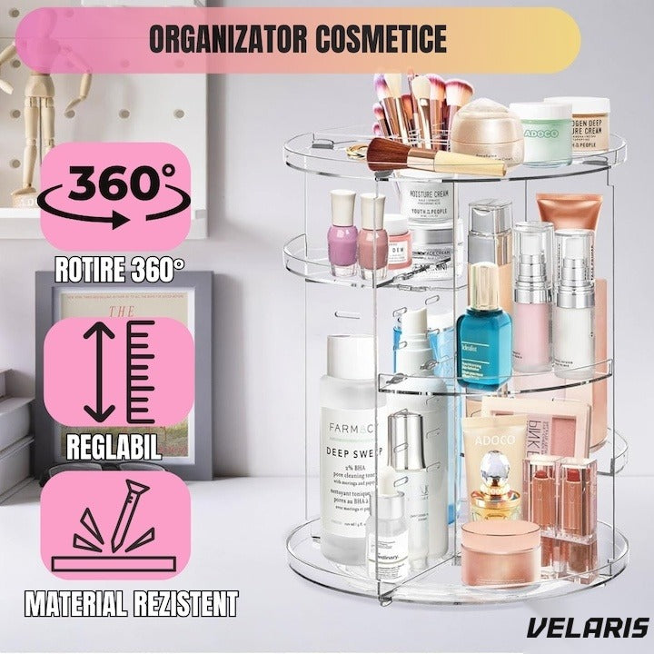 Organizator cosmetice rotativ 360°, 9 compartimente, design reglabil, asamblare rapidă