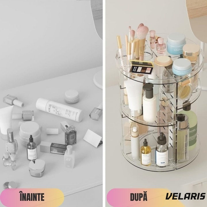 Organizator cosmetice rotativ 360°, 9 compartimente, design reglabil, asamblare rapidă
