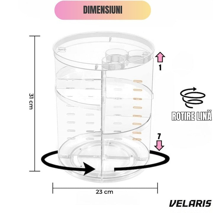 Organizator cosmetice rotativ 360°, 9 compartimente, design reglabil, asamblare rapidă