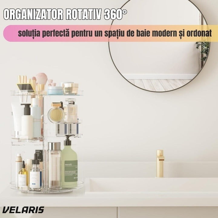 Organizator cosmetice rotativ 360°, 9 compartimente, design reglabil, asamblare rapidă