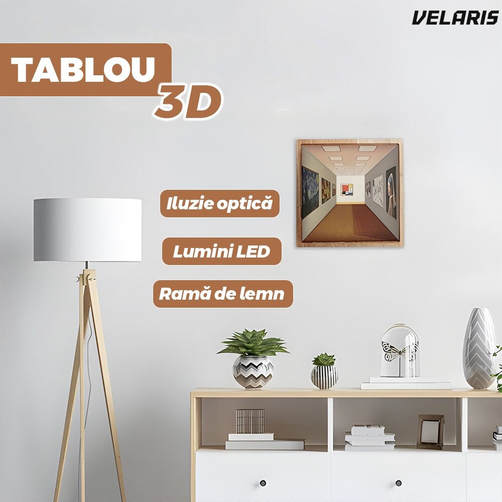 Tablou 3D cu iluzii optice și lumin LED, 19 x 19 x 15 cm, cadru lemn