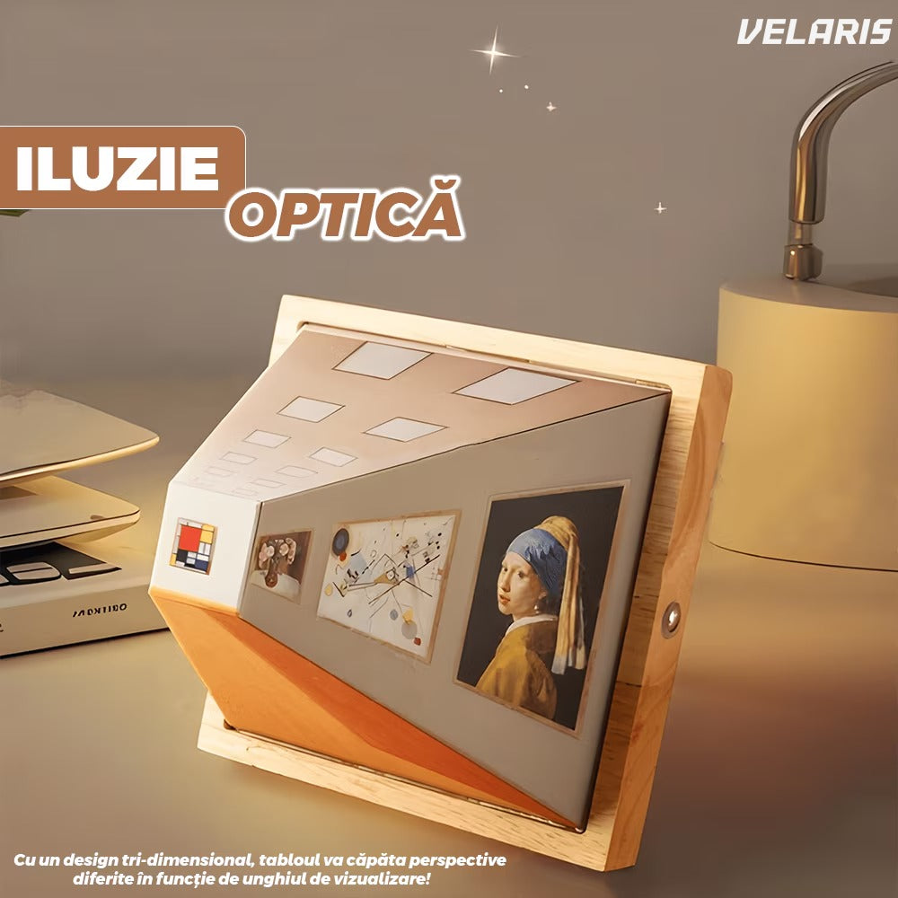 Tablou 3D cu iluzii optice și lumin LED, 19 x 19 x 15 cm, cadru lemn