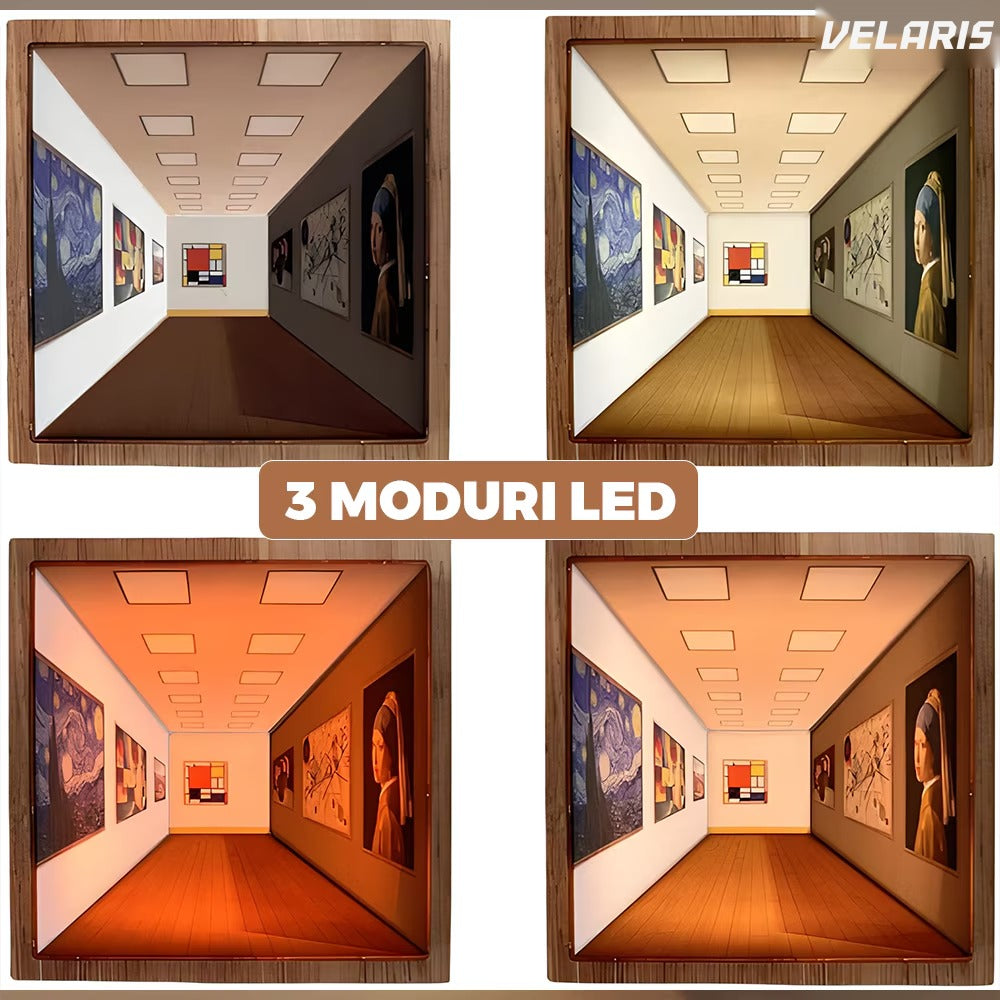 Tablou 3D cu iluzii optice și lumin LED, 19 x 19 x 15 cm, cadru lemn