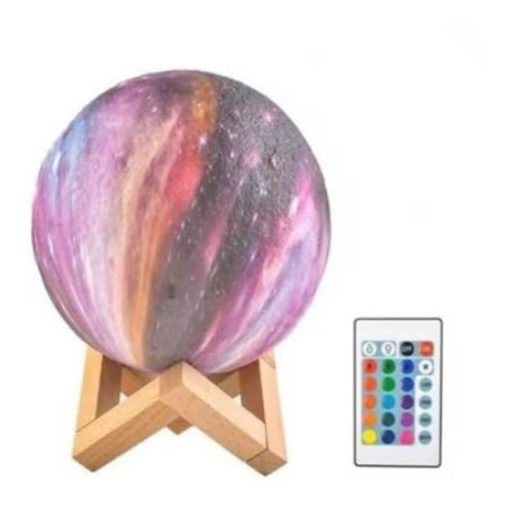Lampa noapte 3D Luna 12 cm telecomandă 16 culori LED suport lemn USB