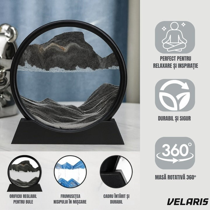Obiect Decorativ Efect Nisip 3D cu Bază Rotativă 360°, Sticlă și Nisip, 18x19 cm, Negru
