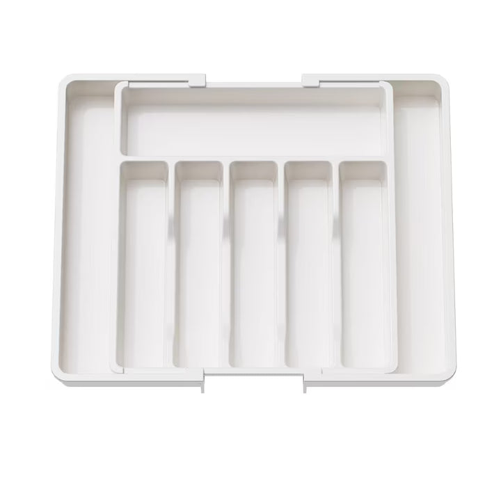 Organizator extensibil 8 compartimente, pentru sertar, Sistem modular pentru tacamuri si ustensile de bucatarie, Alb
