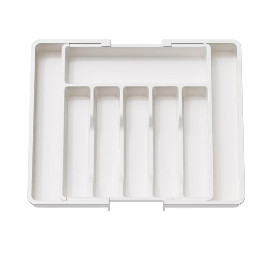Organizator extensibil 8 compartimente, pentru sertar, Sistem modular pentru tacamuri si ustensile de bucatarie, Alb