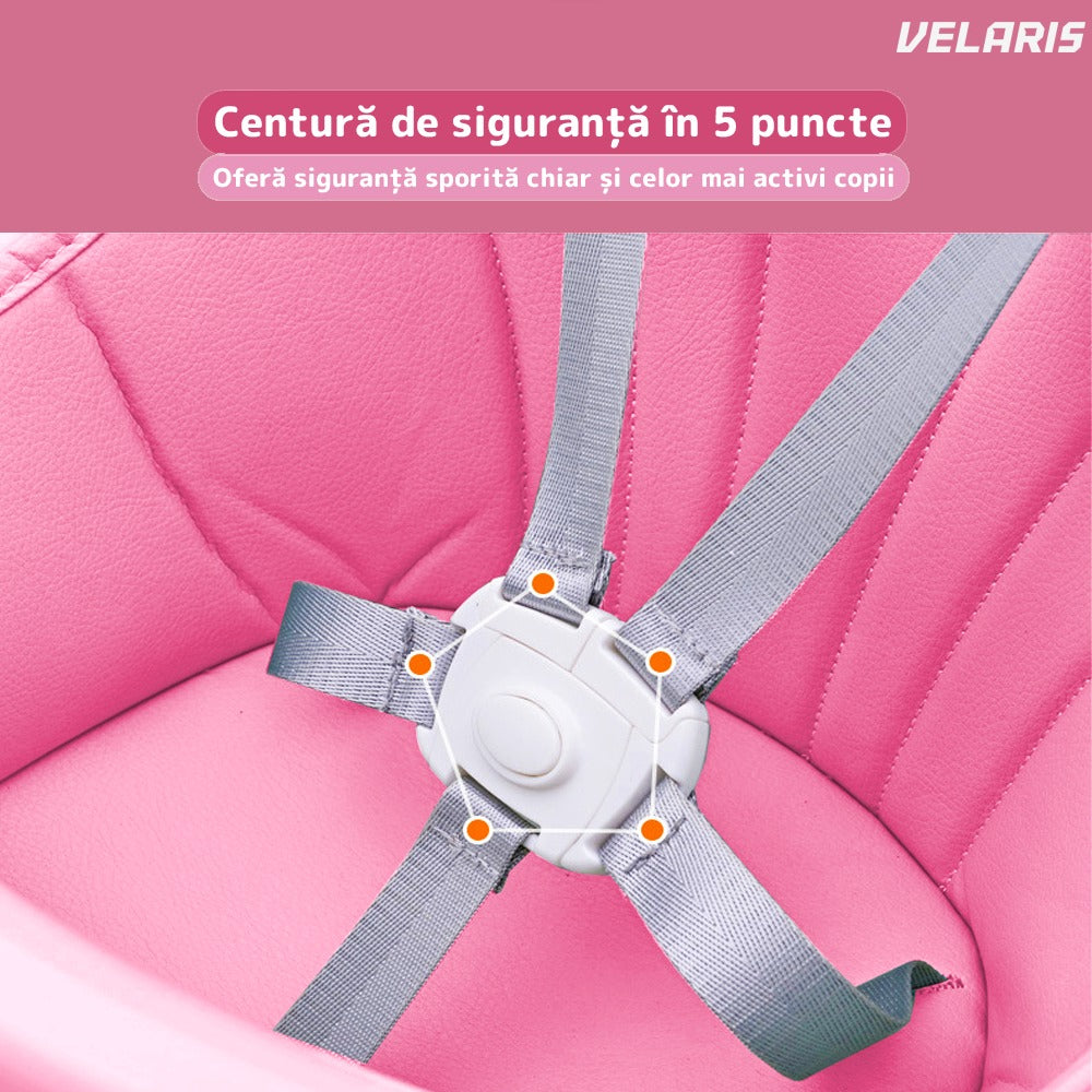 Scaun de masă 3 în 1 bebeluși și copii, cărări de siguranță 5 puncte, roz pastel