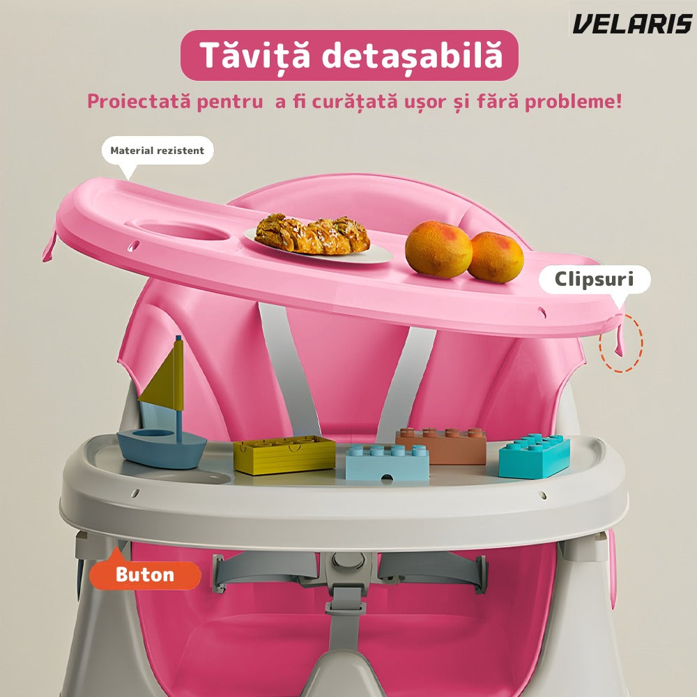Scaun de masă 3 în 1 bebeluși și copii, cărări de siguranță 5 puncte, roz pastel