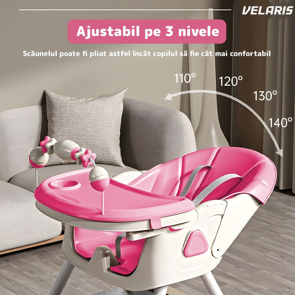 Scaun de masă 3 în 1 bebeluși și copii, cărări de siguranță 5 puncte, roz pastel