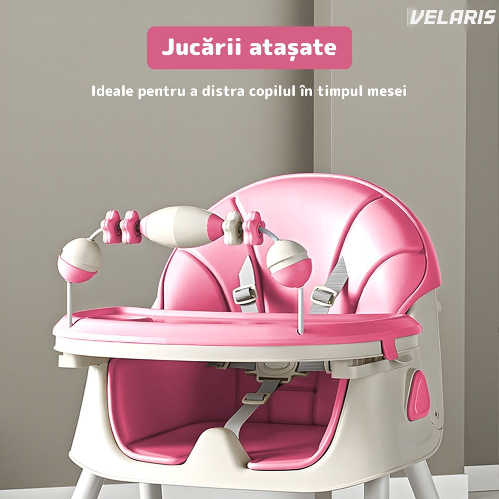 Scaun de masă 3 în 1 bebeluși și copii, cărări de siguranță 5 puncte, roz pastel