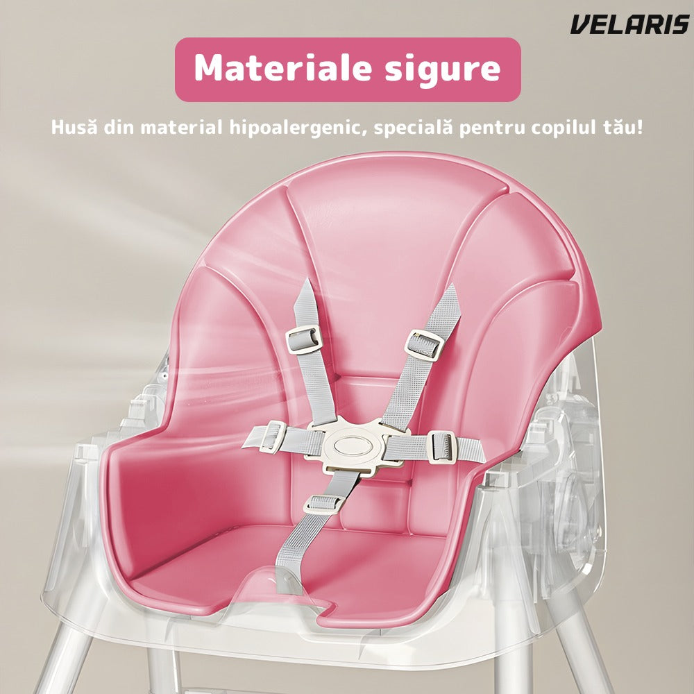 Scaun de masă 3 în 1 bebeluși și copii, cărări de siguranță 5 puncte, roz pastel