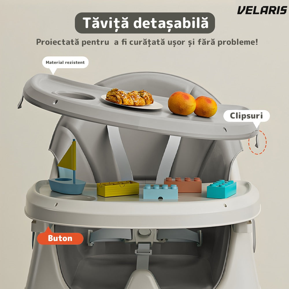 Scaun de masă 3 în 1 bebeluși și copii, cărări de siguranță 5 puncte, gri deschis