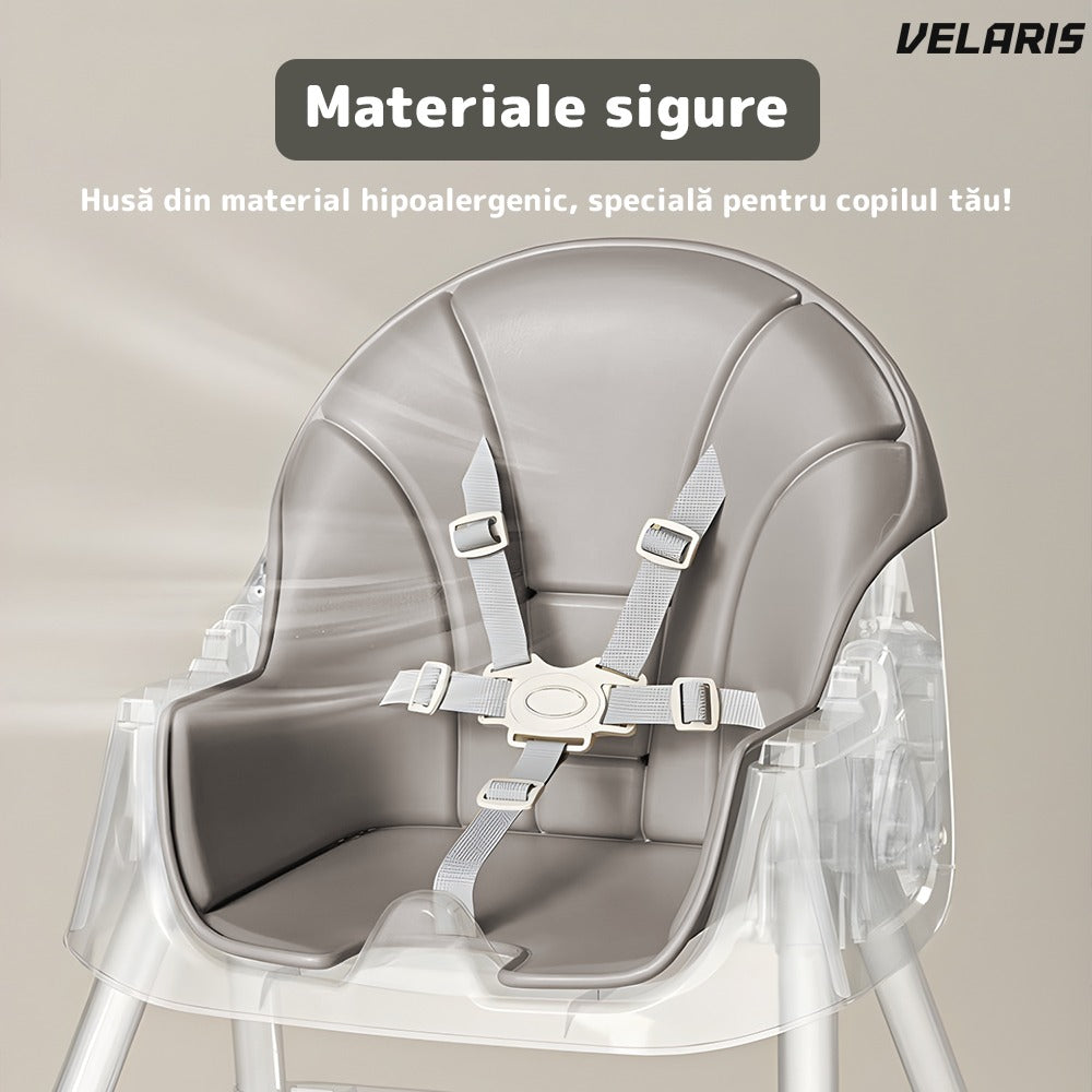 Scaun de masă 3 în 1 bebeluși și copii, cărări de siguranță 5 puncte, gri deschis
