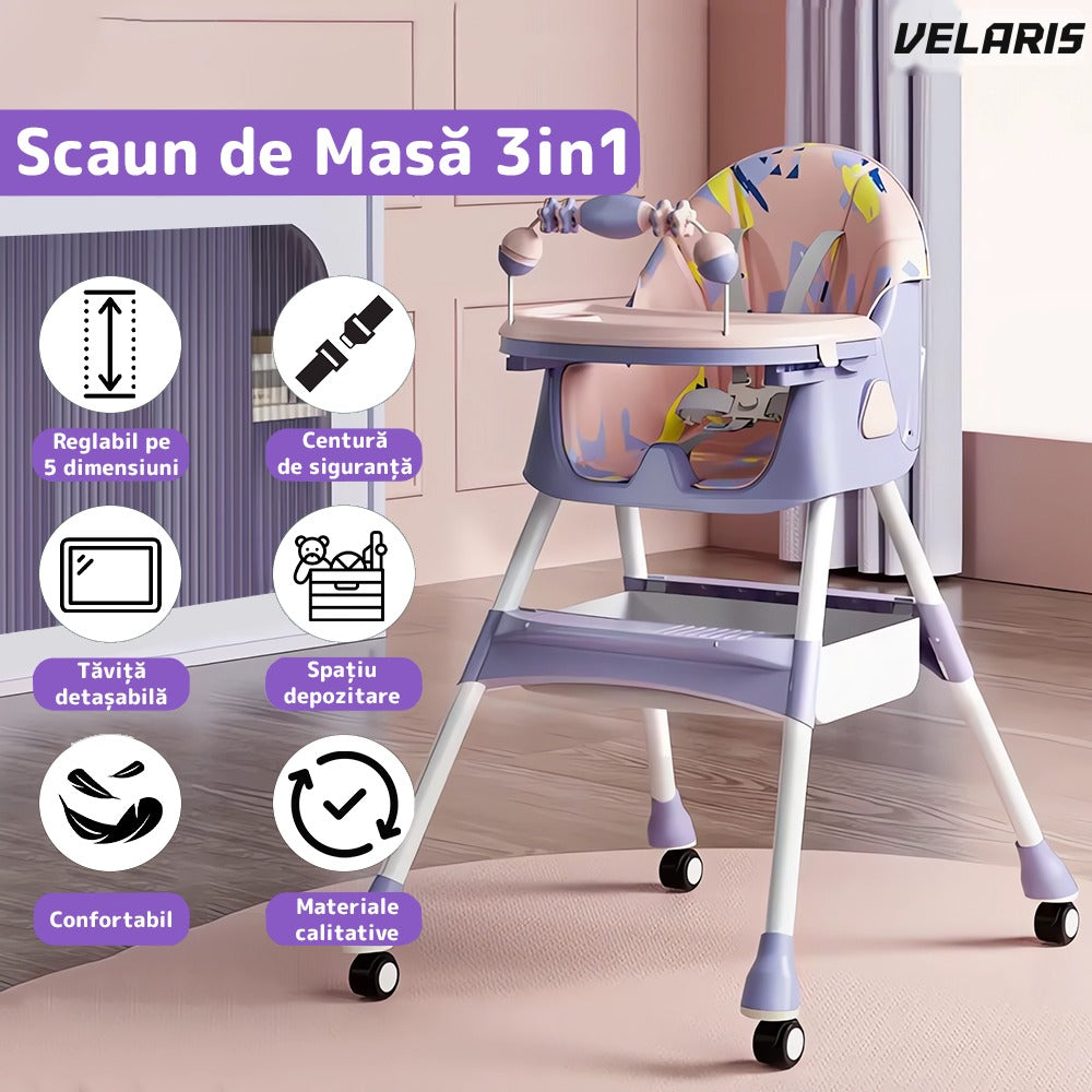Scaun de masă 3 în 1 pentru bebeluși, cărucior și birou, cu centură de siguranță