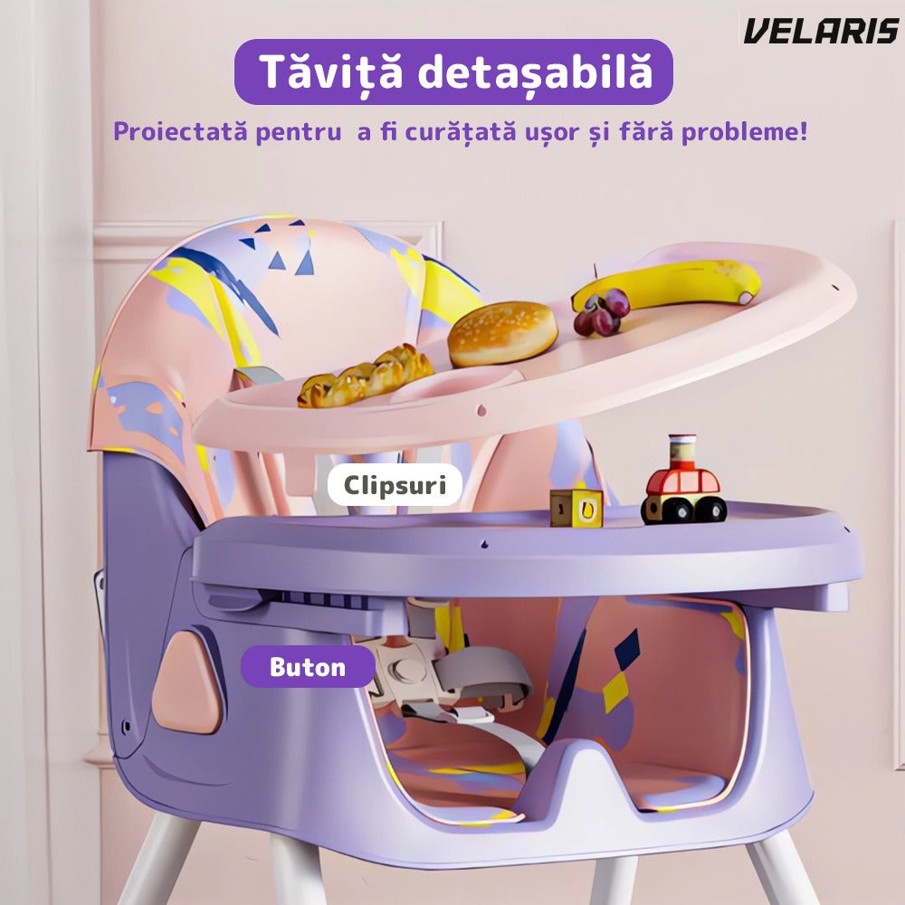 Scaun de masă 3 în 1 pentru bebeluși, cărucior și birou, cu centură de siguranță