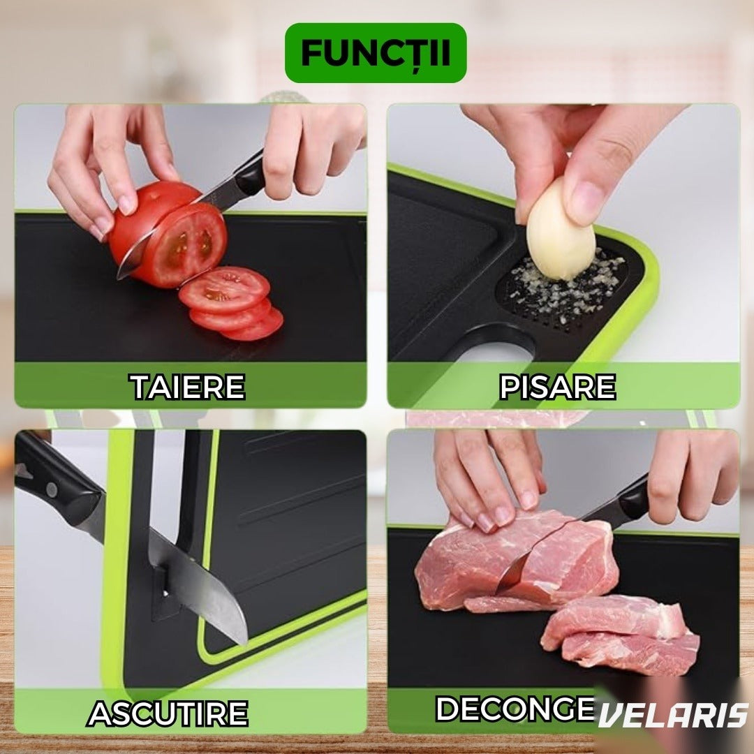 Tocător de bucătărie 4-în-1 cu decongelare rapidă și ascuțitor, aluminiu și PP, 31 x 21 x 1 cm