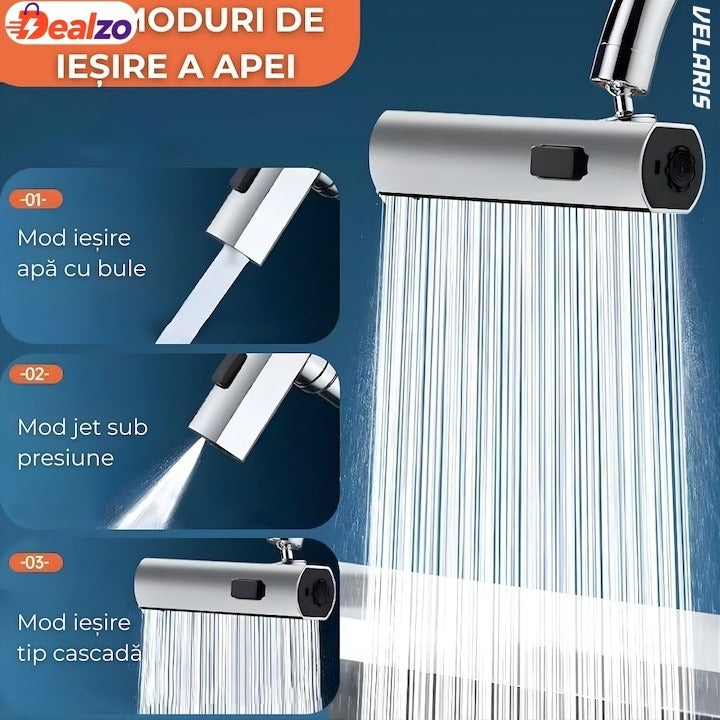 Robinet bucătărie 4 în 1 cu jet cascadă, pivotare 360°, extensibil, oțel inoxidabil 304