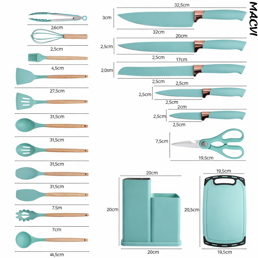 Set ustensile bucatarie silicon premium 19 piese cu suport organizare cutite tocator linguri spatule fara BPA rezistente la temperaturi ridicate, Turcoaz