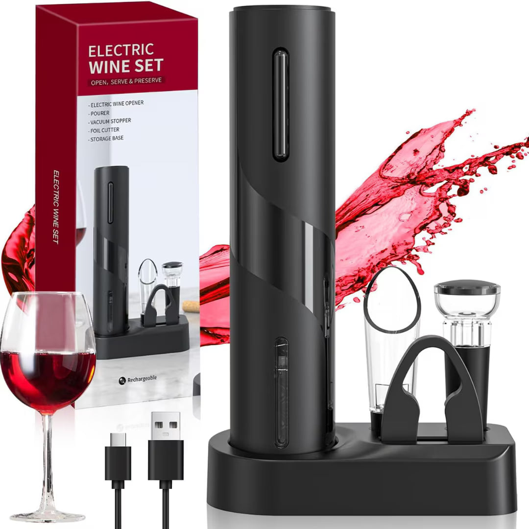 Set deschizător de vin electric 5-în-1, încărcare USB, cutter folie, aerator, dop vid, negru
