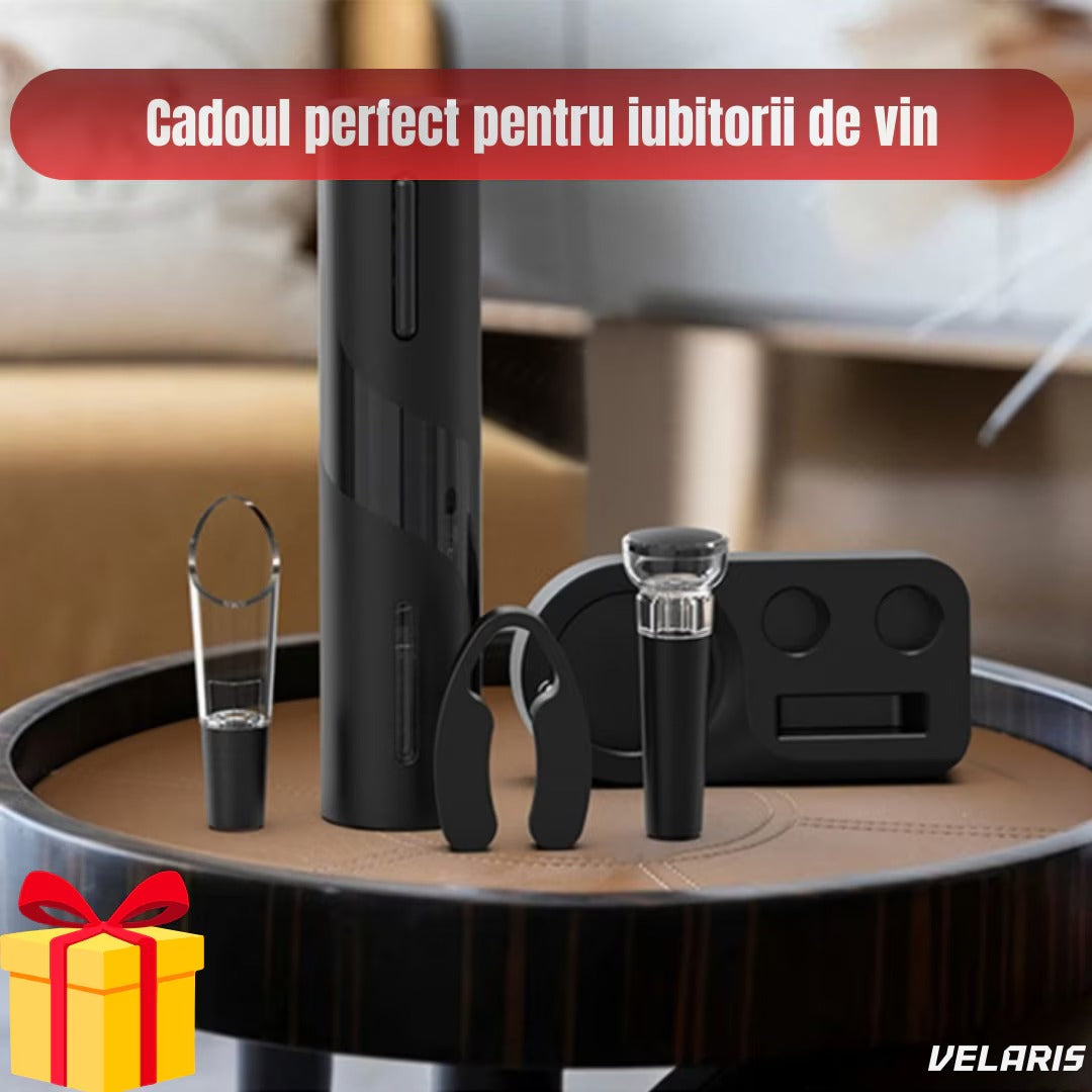 Set deschizător de vin electric 5-în-1, încărcare USB, cutter folie, aerator, dop vid, negru
