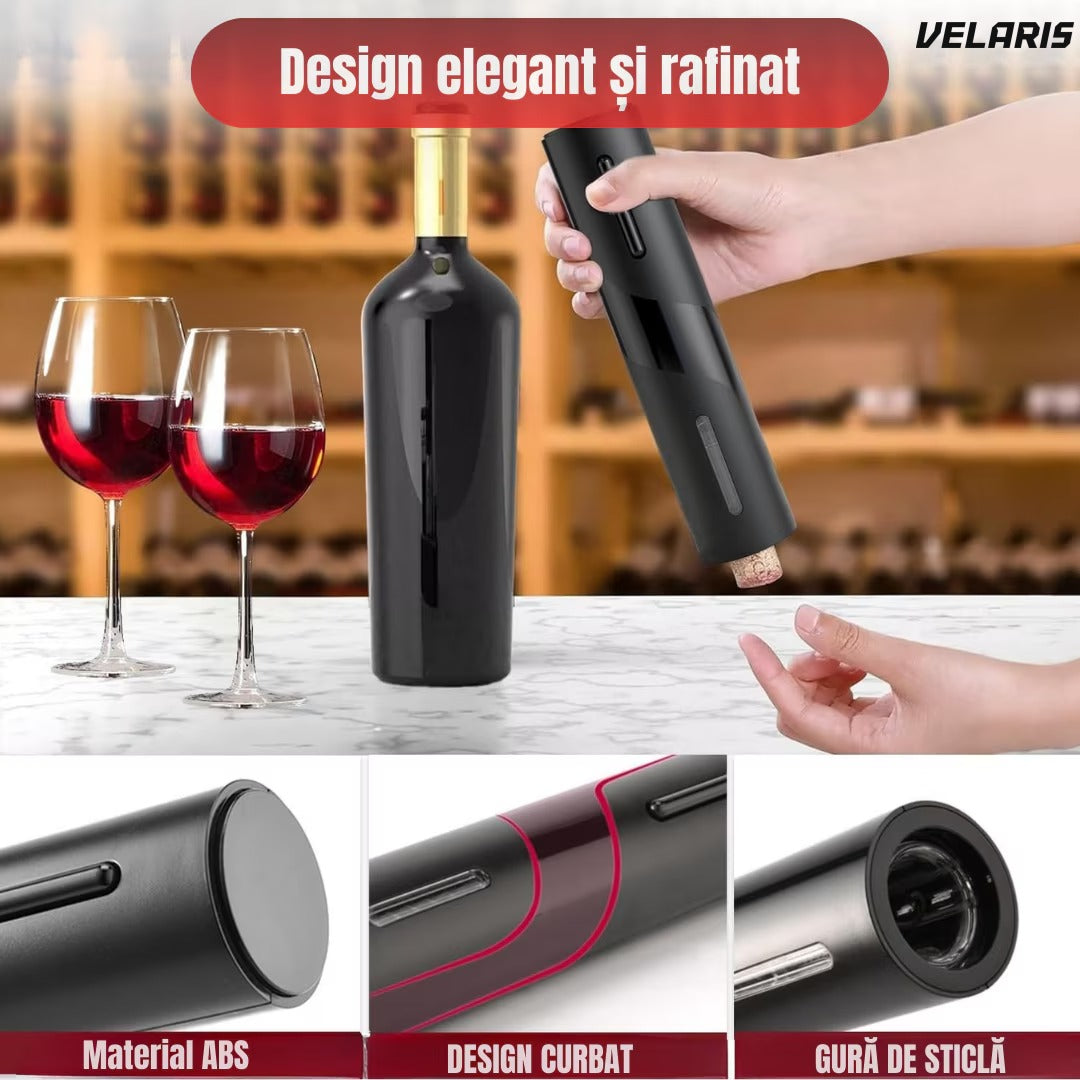 Set deschizător de vin electric 5-în-1, încărcare USB, cutter folie, aerator, dop vid, negru