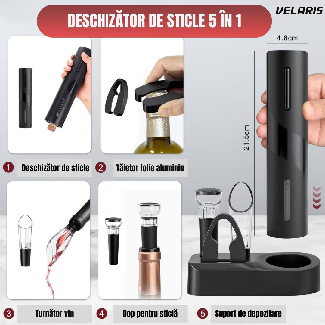 Set deschizător de vin electric 5-în-1, încărcare USB, cutter folie, aerator, dop vid, negru