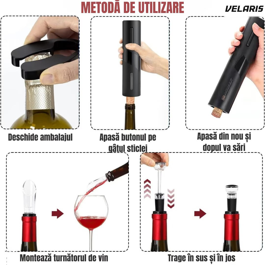 Set deschizător de vin electric 5-în-1, încărcare USB, cutter folie, aerator, dop vid, negru