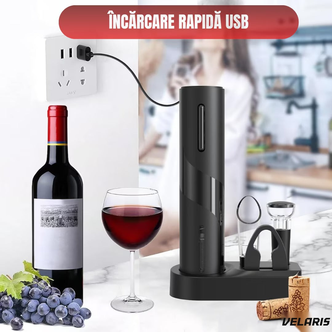 Set deschizător de vin electric 5-în-1, încărcare USB, cutter folie, aerator, dop vid, negru