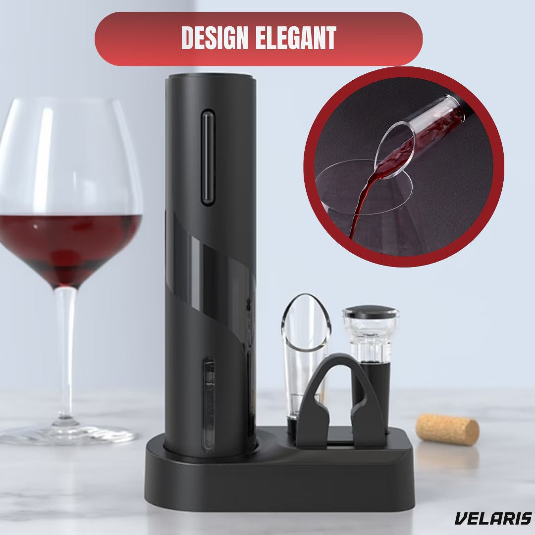 Set deschizător de vin electric 5-în-1, încărcare USB, cutter folie, aerator, dop vid, negru