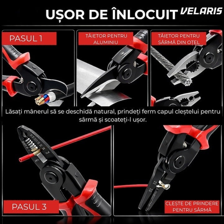 Clește multifuncțional 5 în 1, oțel, tăietor cabluri, dezizolator, pensă, crimper, foarfecă, cu husă