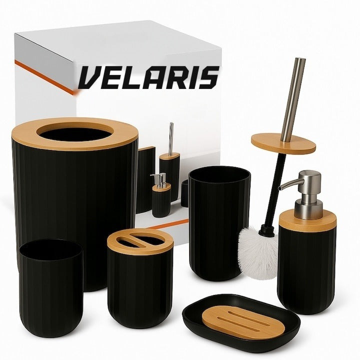 Set de baie 6 piese, negru mat cu accente de lemn, coș gunoi, perie WC, dispenser, pahar