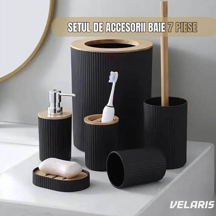 Set de baie 6 piese, negru mat cu accente de lemn, coș gunoi, perie WC, dispenser, pahar